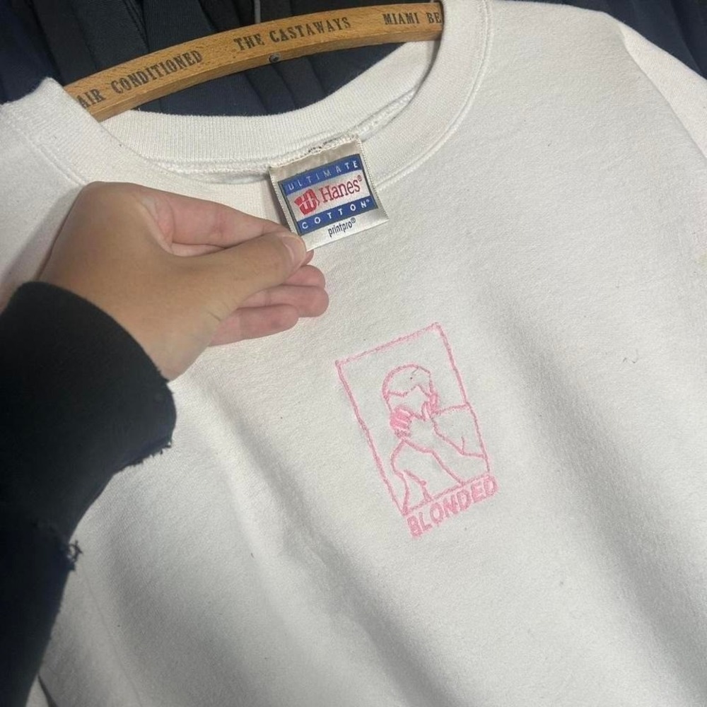 White and pink Frank Ocean Blonde t-shirt with unique pink stitching